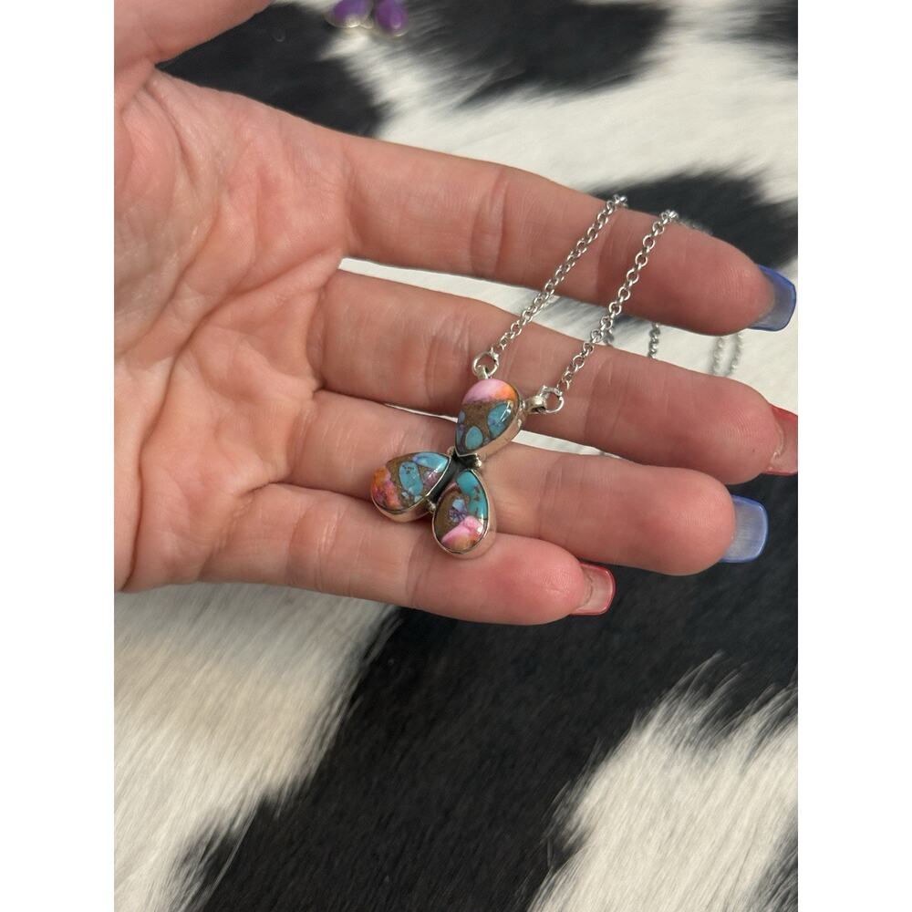 Native American Southwest Sterling Silver 3 Stone Purple Ice Dahlia Bar Necklace - Picture 10 of 11